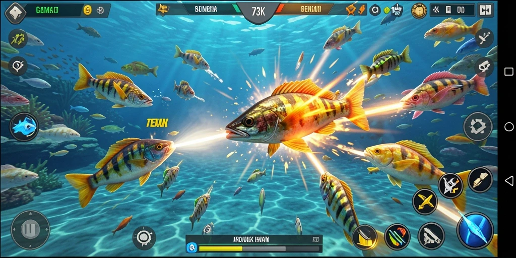 Screenshot utama 73K menunjukkan aksi menembak ikan yang seru.