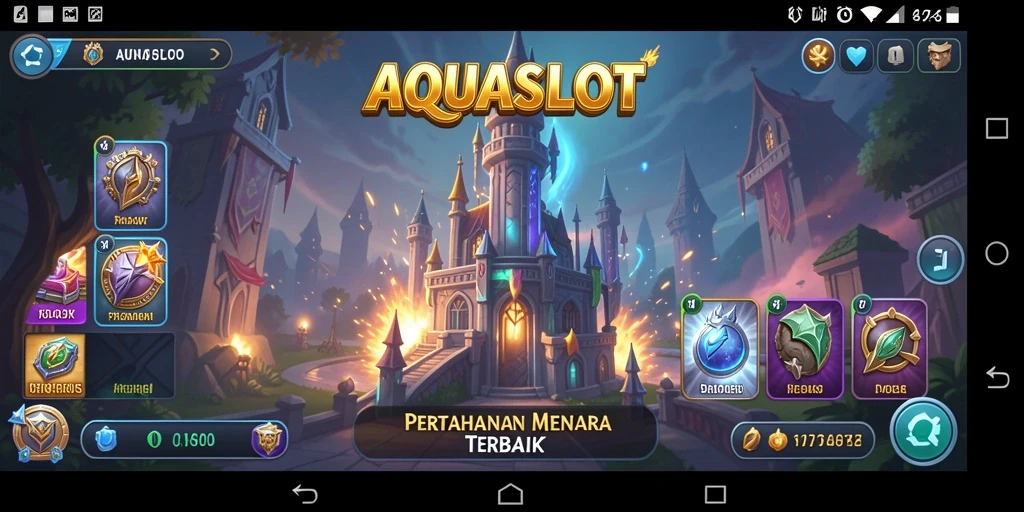Tangkapan layar gameplay AQUASLOT yang menunjukkan pertahanan menara yang strategis.