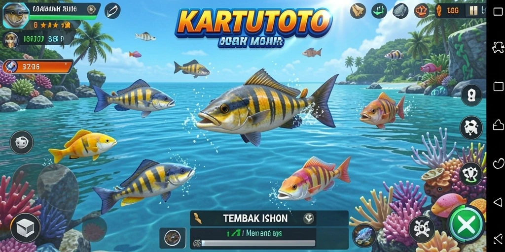 Screenshot gameplay KARTUTOTO yang menampilkan aksi menembak ikan.