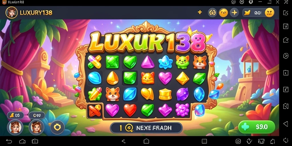 Tampilan gameplay <strong>LUXURY138</strong> yang penuh warna dengan permata match-3.