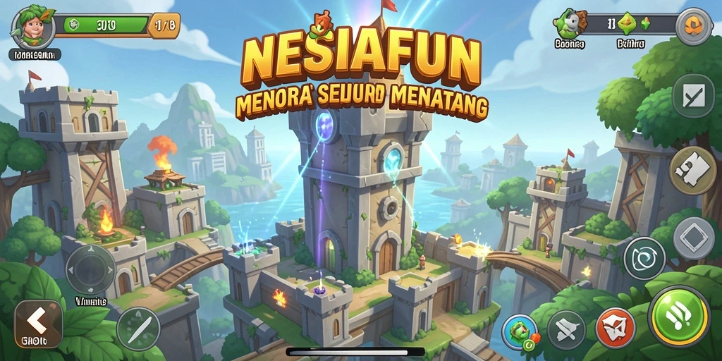Tampilan menarik dari gameplay NESIAFUN dengan menara dan musuh yang beragam.