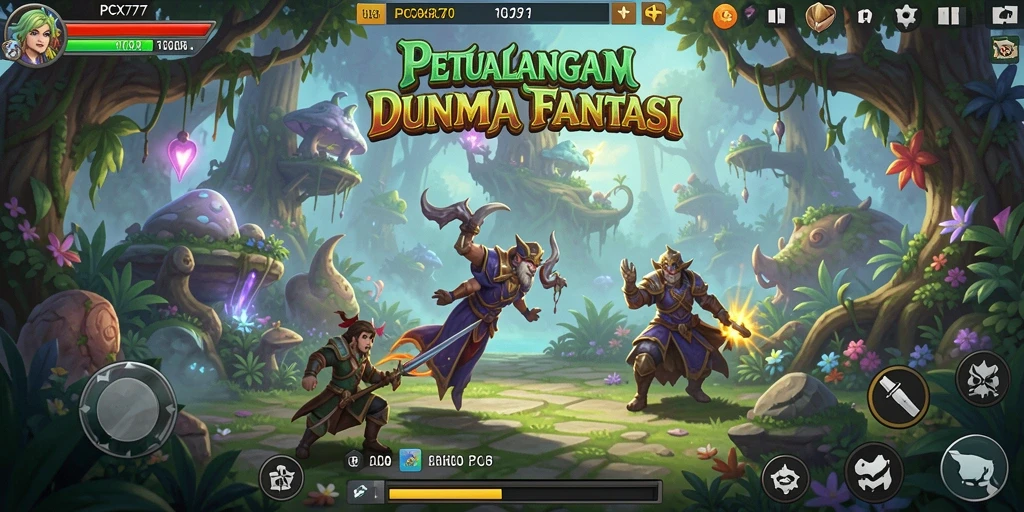 Tangkapan layar gameplay <strong>PCX777</strong> menunjukkan petualangan seru di dunia fantasi.