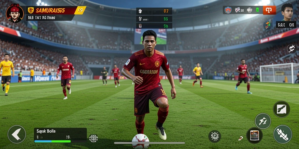 Screenshot gameplay <strong>SAMURAI555</strong> dengan aksi sepak bola yang mendebarkan.