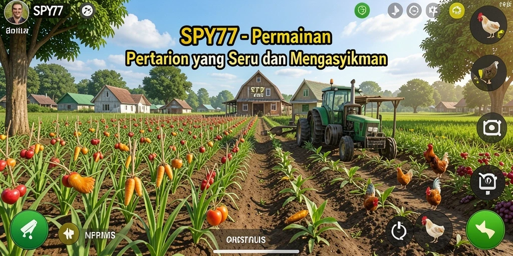 Screenshot gameplay SPY77 menampilkan ladang yang subur dan hewan peliharaan.